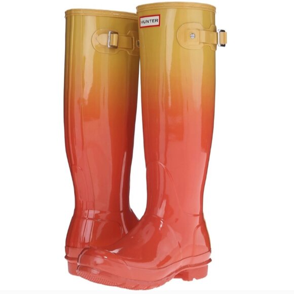 Hunter Boots Rain Tall Glossy Wellies Like New Rare Sunset Ombre Coral Yellow 7 - Picture 16 of 16